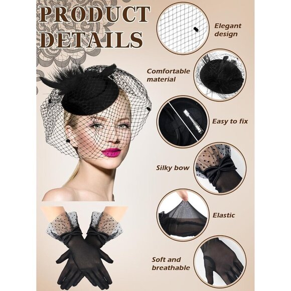 Women’s 50s Fascinators Feather Pillbox Hat Lace Gloves for Weddings Parties main image 6